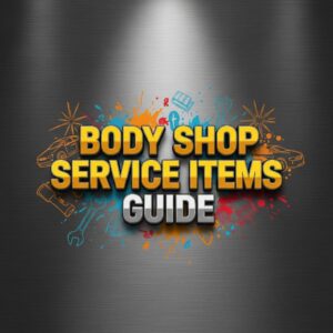 Vector illustration with a brushed gunmetal steel background and central spotlight glow, featuring large yellow 3D text reading “BODY SHOP SERVICE ITEMS GUIDE,” surrounded by automotive icons such as wrenches and paint splatters.
