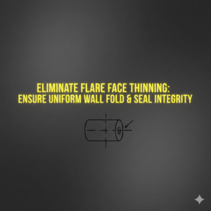 Vector illustration on a dark gunmetal brushed metal background with high-contrast yellow sans-serif text reading: ELIMINATE FLARE FACE THINNING: ENSURE UNIFORM WALL FOLD & SEAL INTEGRITY. Includes a technical line drawing of a tube end with centerlines and a directional arrow indicating the flare face.