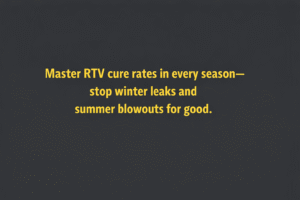 Minimalist vector graphic with gunmetal background and bright yellow text reading “Master RTV cure rates in every season—stop winter leaks and summer blowouts for good.” 