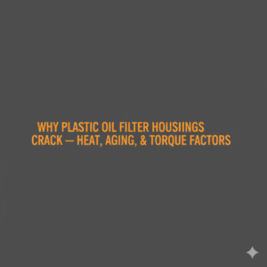 Minimalist vector graphic with gunmetal background and bright blue text reading “Why Plastic Oil Filter Housings Crack — Heat, Aging, & Torque Factors”