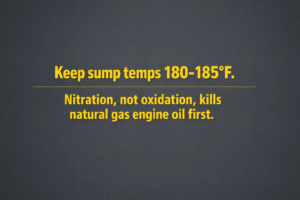 Minimalist vector graphic with gunmetal background and bright blue text reading “Keep sump temps 180-185°F. Nitration, not oxidation, kills natural gas engine oil first.” 